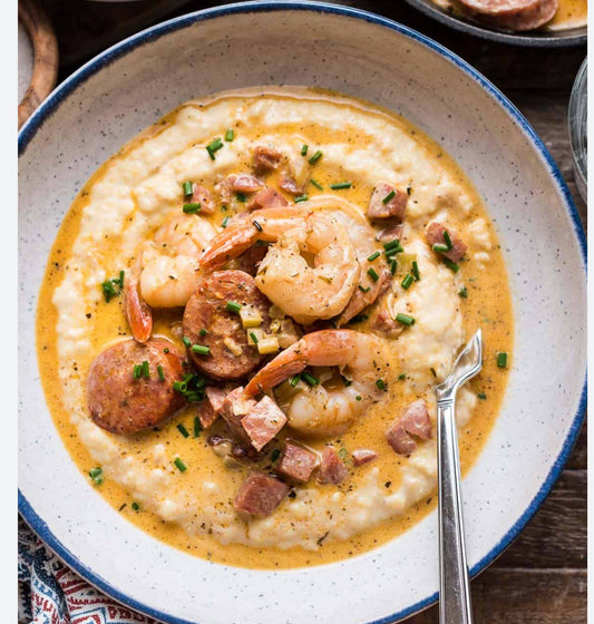 Cajun Shrimp, Andouille Sausage with Parmesan Grits