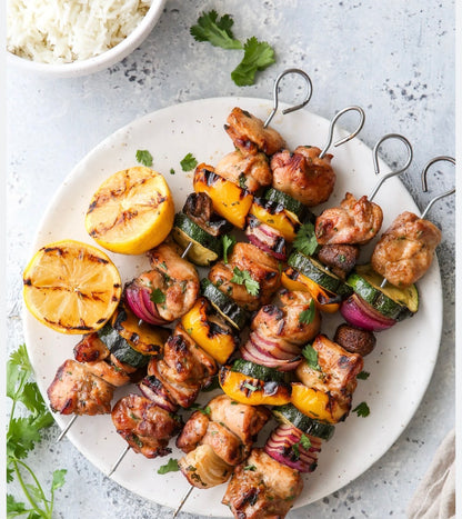 FAMILY MEAL Grilled Marinated Chicken Kabobs with Rice and Tzatziki Sauce