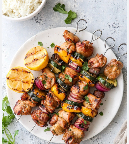 FAMILY MEAL Grilled Marinated Chicken Kabobs with Rice and Tzatziki Sauce