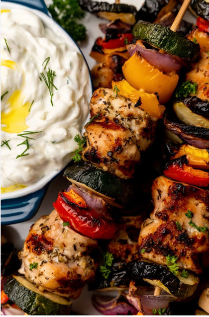 FAMILY MEAL Grilled Marinated Chicken Kabobs with Rice and Tzatziki Sauce